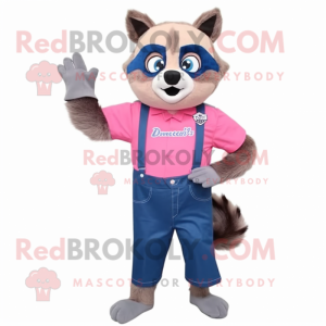 Pink Raccoon mascot costume character dressed with a Denim Shirt and Bow ties