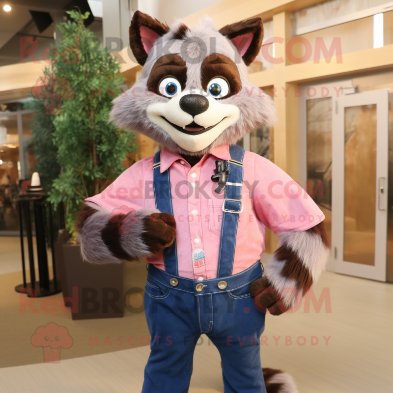 Pink Raccoon mascot costume character dressed with a Denim Shirt and Bow ties Pink Raccoon mascot costume character dressed with a Denim Shirt and Bow ties