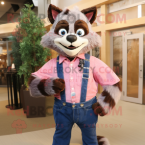 Pink Raccoon mascot costume character dressed with a Denim Shirt and Bow ties