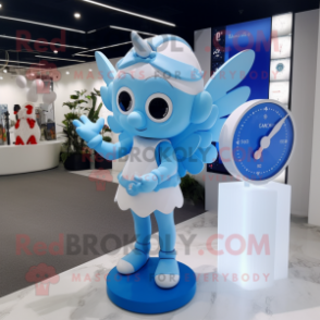Sky Blue Cupid mascot costume character dressed with a Midi Dress and Smartwatches