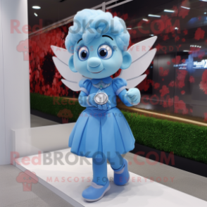 Sky Blue Cupid mascot costume character dressed with a Midi Dress and Smartwatches
