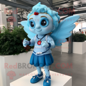 Sky Blue Cupid mascot costume character dressed with a Midi Dress and Smartwatches