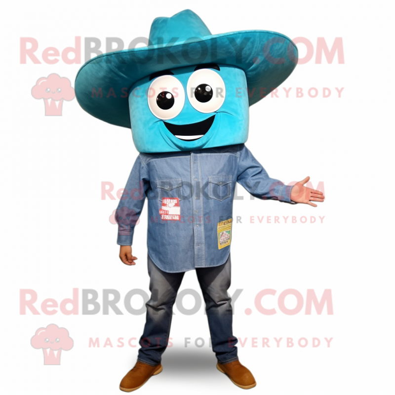 Teal Enchiladas mascot costume character dressed with a Denim Shirt and Caps Teal Enchiladas mascot costume character dressed with a Denim Shirt and Caps