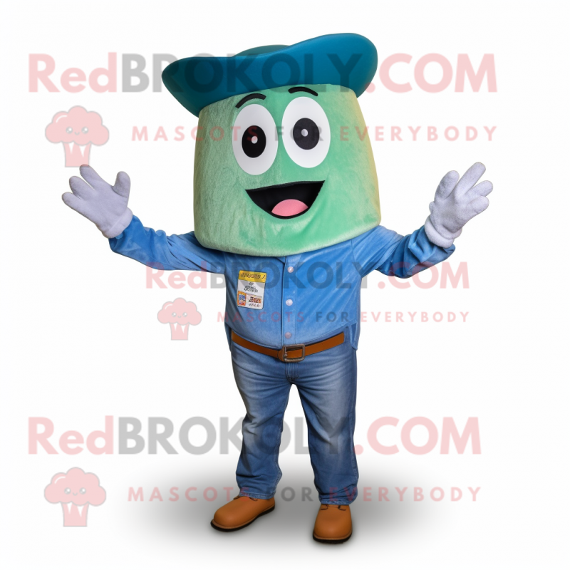 Teal Enchiladas mascot costume character dressed with a Denim Shirt and Caps Teal Enchiladas mascot costume character dressed with a Denim Shirt and Caps