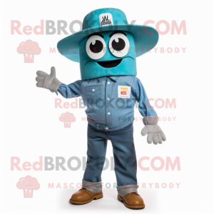 Teal Enchiladas mascot costume character dressed with a Denim Shirt and Caps
