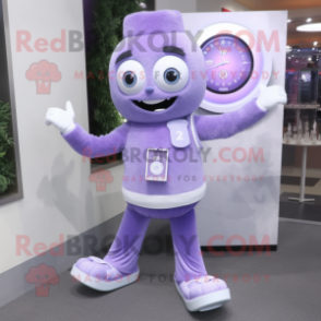 Lavender Ice mascot costume character dressed with a Dress Pants and Bracelet watches