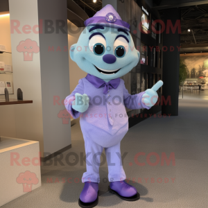 Lavender Ice mascot costume character dressed with a Dress Pants and Bracelet watches