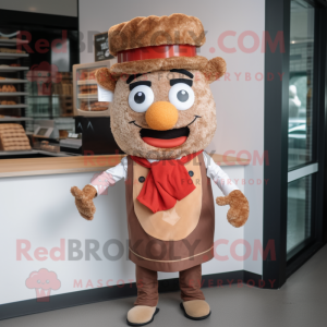 Rust Pulled Pork Sandwich mascot costume character dressed with a Waistcoat and Headbands