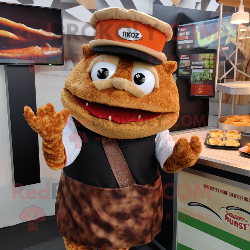 Rust Pulled Pork Sandwich mascot costume character dressed with a Waistcoat and Headbands