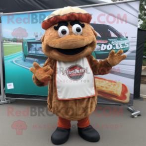 Rust Pulled Pork Sandwich mascot costume character dressed with a Waistcoat and Headbands