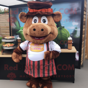 Rust Pulled Pork Sandwich mascot costume character dressed with a Waistcoat and Headbands