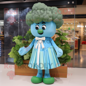 Sky Blue Broccoli mascot costume character dressed with a Midi Dress and Bow ties