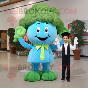 Sky Blue Broccoli mascot costume character dressed with a Midi Dress and Bow ties