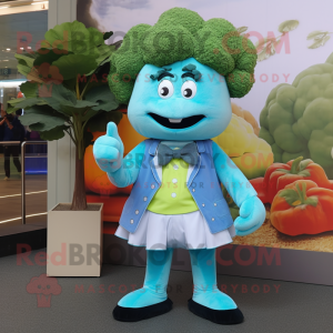 Sky Blue Broccoli mascot costume character dressed with a Midi Dress and Bow ties