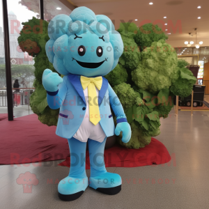 Sky Blue Broccoli mascot costume character dressed with a Midi Dress and Bow ties