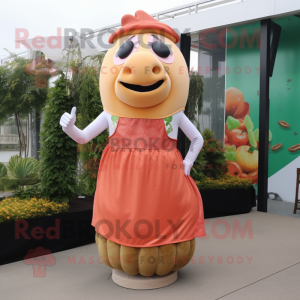 Peach Beef Wellington mascot costume character dressed with a Sheath Dress and Necklaces