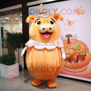 Peach Beef Wellington mascot costume character dressed with a Sheath Dress and Necklaces