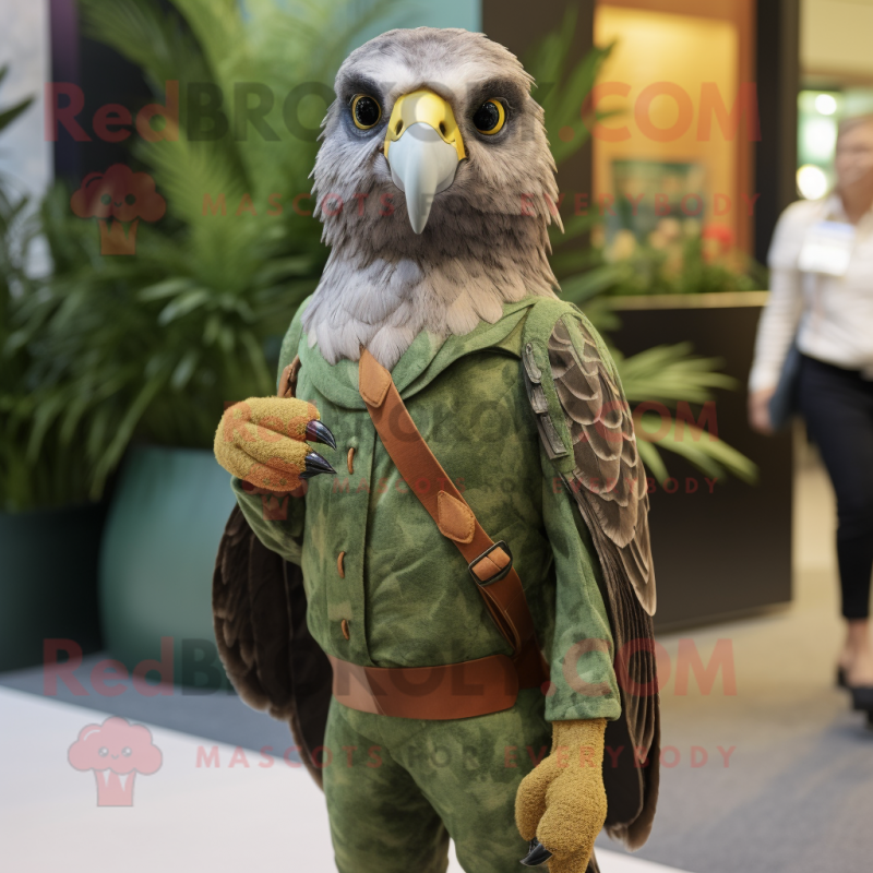 Olive Falcon mascot costume character dressed with a Playsuit and Earrings