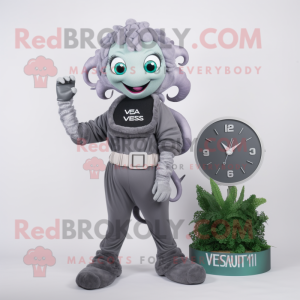 Gray Medusa mascot costume character dressed with a V-Neck Tee and Digital watches