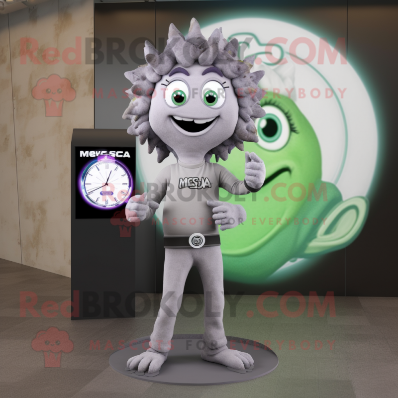 Gray Medusa mascot costume character dressed with a V-Neck Tee and Digital watches