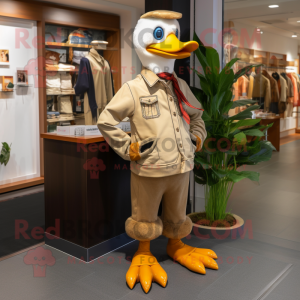 Tan Muscovy Duck mascot costume character dressed with a Bootcut Jeans and Bracelet watches