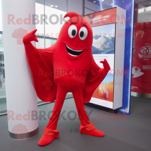 Red Stingray mascot costume character dressed with a Bootcut Jeans and Foot pads