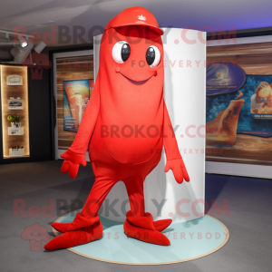 Red Stingray mascot costume character dressed with a Bootcut Jeans and Foot pads