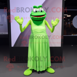 Lime Green Moussaka mascot costume character dressed with a Evening Gown and Suspenders