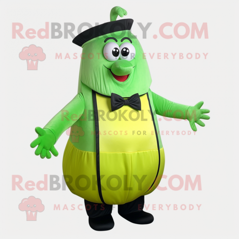 Lime Green Moussaka mascot costume character dressed with a Evening Gown and Suspenders