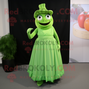 Lime Green Moussaka mascot costume character dressed with a Evening Gown and Suspenders