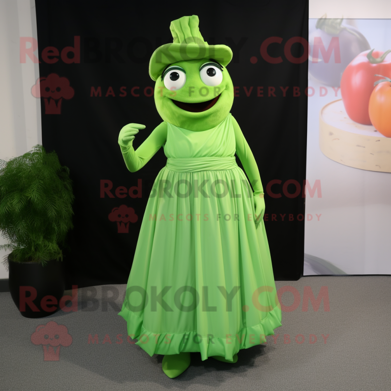 Lime Green Moussaka mascot costume character dressed with a Evening Gown and Suspenders Lime Green Moussaka mascot costume character dressed with a Evening Gown and Suspenders