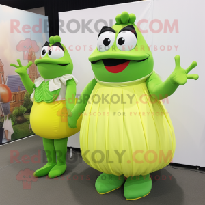 Lime Green Moussaka mascot costume character dressed with a Evening Gown and Suspenders