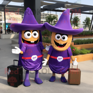 Purple Fajitas mascot costume character dressed with a Mini Dress and Briefcases
