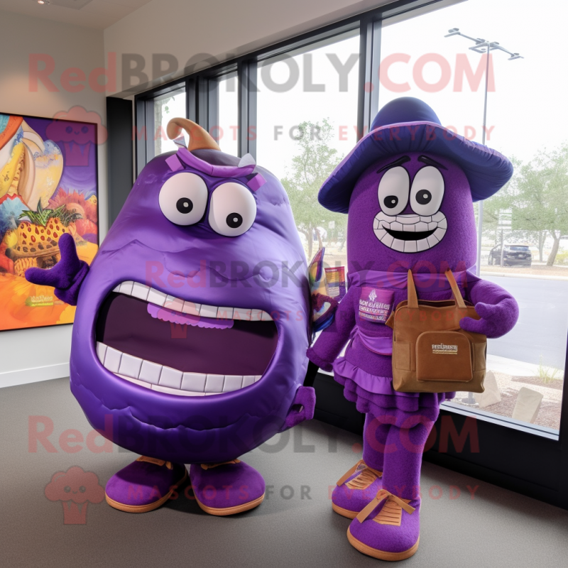 Purple Fajitas mascot costume character dressed with a Mini Dress and Briefcases Purple Fajitas mascot costume character dressed with a Mini Dress and Briefcases