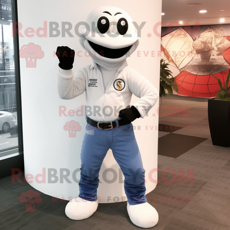 White Snake mascot costume character dressed with a Bootcut Jeans and Bracelet watches