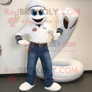 White Snake mascot costume character dressed with a Bootcut Jeans and Bracelet watches