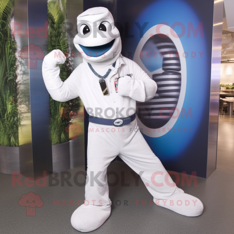 White Snake mascot costume character dressed with a Bootcut Jeans and Bracelet watches