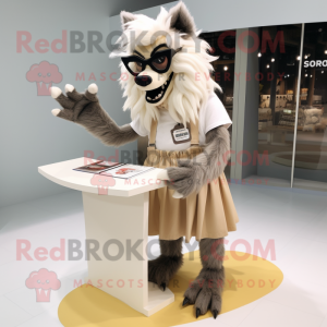 Cream Werewolf mascot costume character dressed with a Skirt and Reading glasses