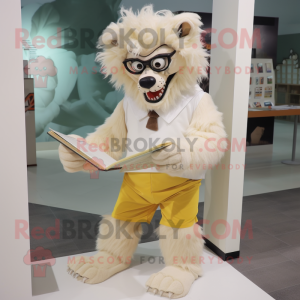 Cream Werewolf mascot costume character dressed with a Skirt and Reading glasses