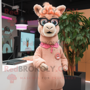 Peach Llama mascot costume character dressed with a Polo Tee and Eyeglasses