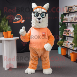 Peach Llama mascot costume character dressed with a Polo Tee and Eyeglasses