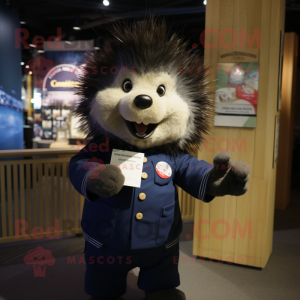 Navy Porcupine mascot costume character dressed with a Button-Up Shirt and Wallets