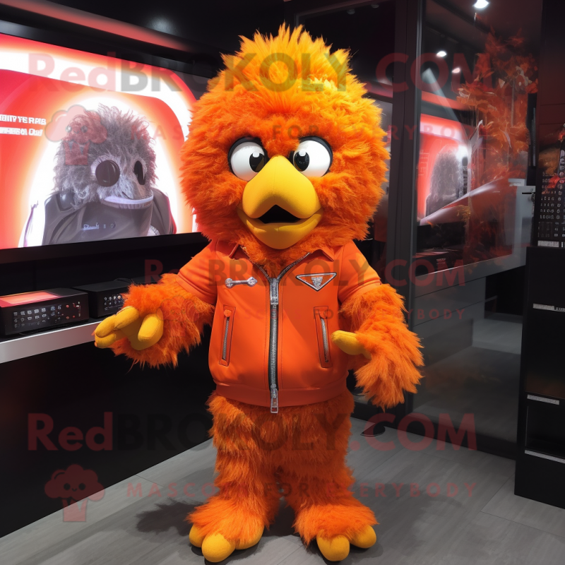 Orange Fried Chicken mascot costume character dressed with a Jacket and Hair clips Orange Fried Chicken mascot costume character dressed with a Jacket and Hair clips
