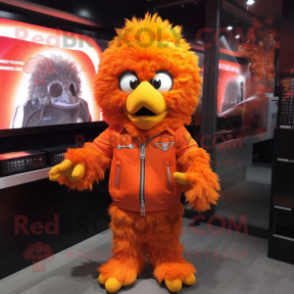Orange Fried Chicken mascot costume character dressed with a Jacket and Hair clips