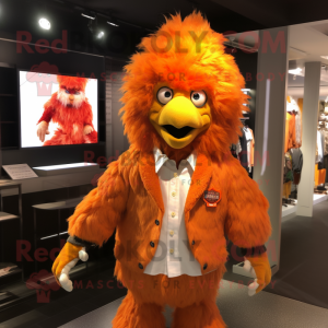 Orange Fried Chicken mascot costume character dressed with a Jacket and Hair clips