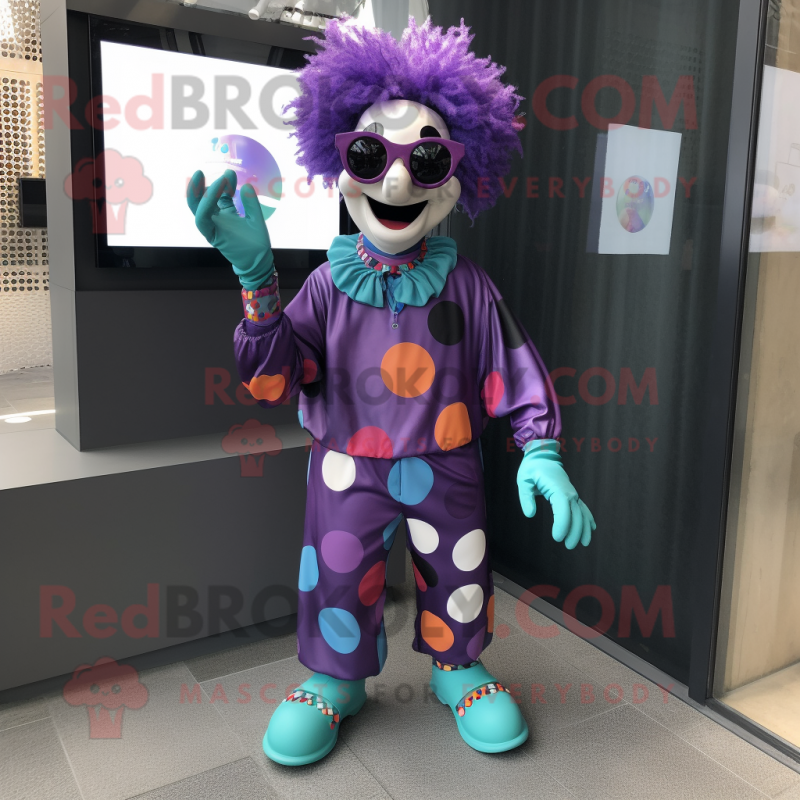 Purple Clown mascot costume character dressed with a Leggings and Sunglasses Purple Clown mascot costume character dressed with a Leggings and Sunglasses
