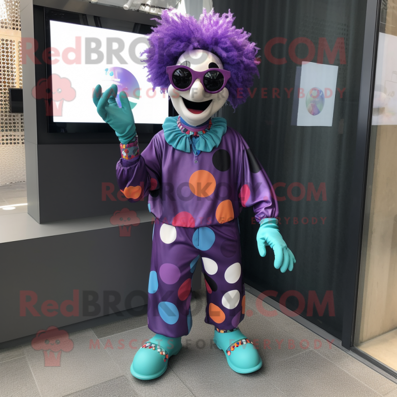 Purple Clown mascot costume character dressed with a Leggings and Sunglasses