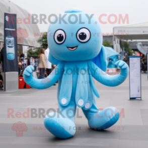 Sky Blue Octopus mascot costume character dressed with a Jumpsuit and Shoe clips