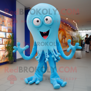 Sky Blue Octopus mascot costume character dressed with a Jumpsuit and Shoe clips