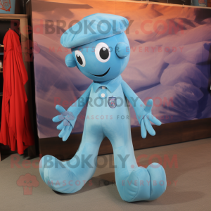 Sky Blue Octopus mascot costume character dressed with a Jumpsuit and Shoe clips